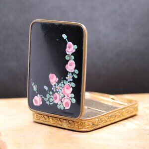 Rare Vintage Foster Black Enamel Compact with Pink Roses & Gold-Tone Etched Edge